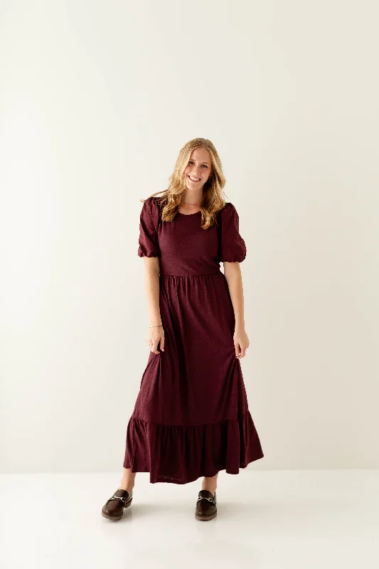 Plus size dresses featuring laser-cut details are unique -Plus size dresses with a structured fit for added confidence -'Glory' Cotton Blend Ruffle Hem Maxi Dress in Merlot