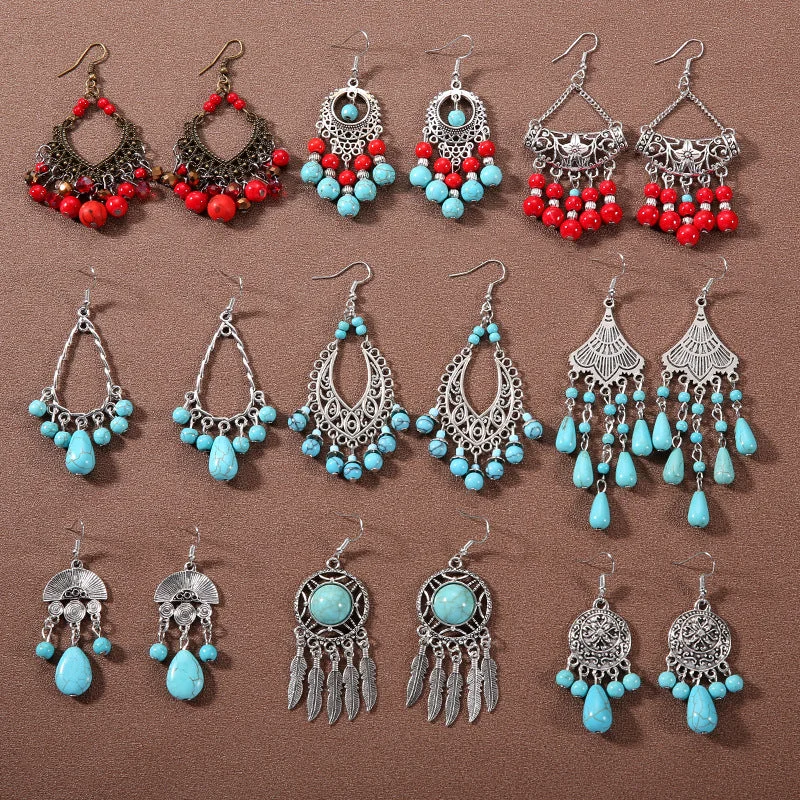 Bohemian Drop Earrings with Tassels -Wholesale Bohemian Tassel Turquoise Vintage Earrings