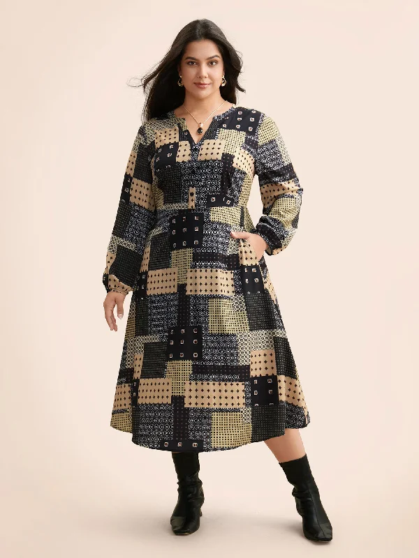 Plus size dresses featuring neutral tones pair easily -Plus size dresses with bold patterns for a fun look -Colorblock Contrast Notched Lantern Sleeve Dress