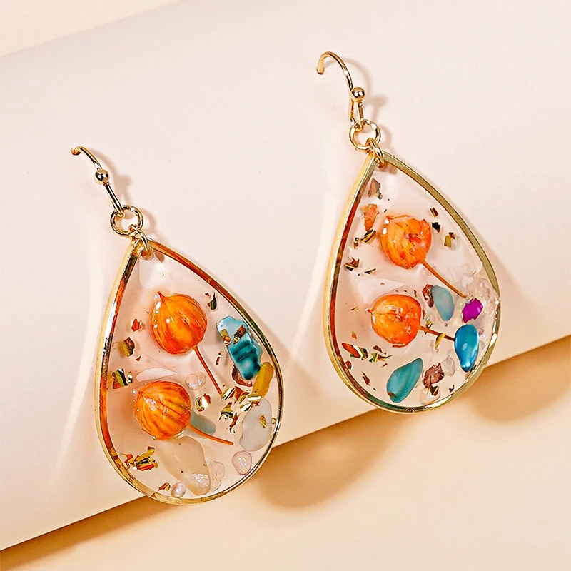 Drop Earrings with Filigree Work -Wholesale Bud Teardrop-shaped Preserved Flower Earrings