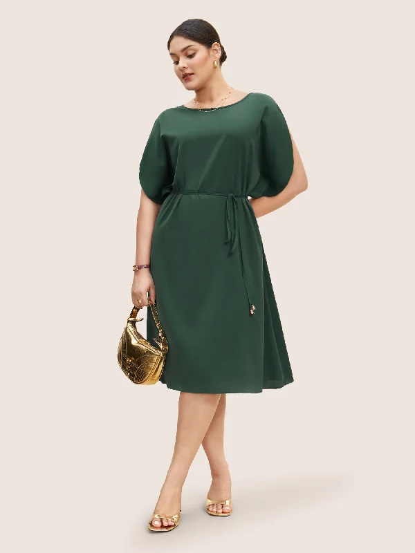 Plus size dresses with durable fabrics endure wear -Plus size dresses with boat necklines for timeless style -Solid Boat Neck Dolman Sleeve Belted Dress