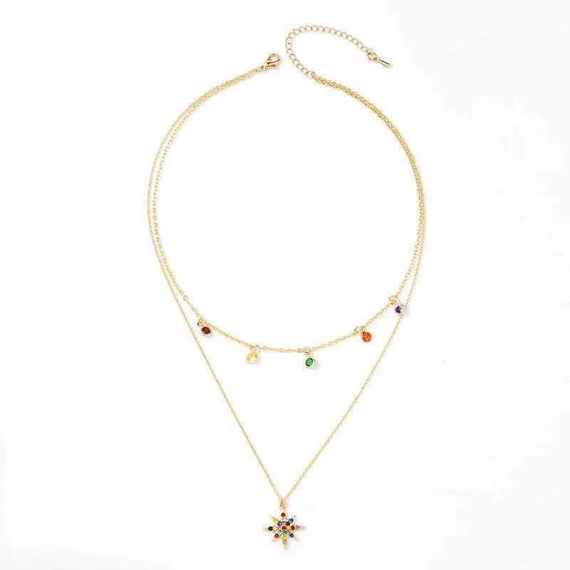 Beautiful necklaces and pendants with diamond-encrusted designs for maximum sparkle-Star Necklace Layered with Rainbow Cubic Zirconia Stones