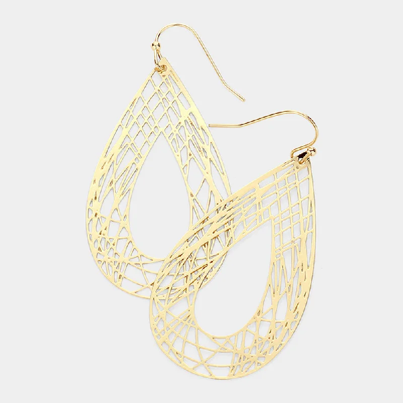 Drop Earrings with Debossed Designs -Teardrop Cutout Earrings | Gold or Silver