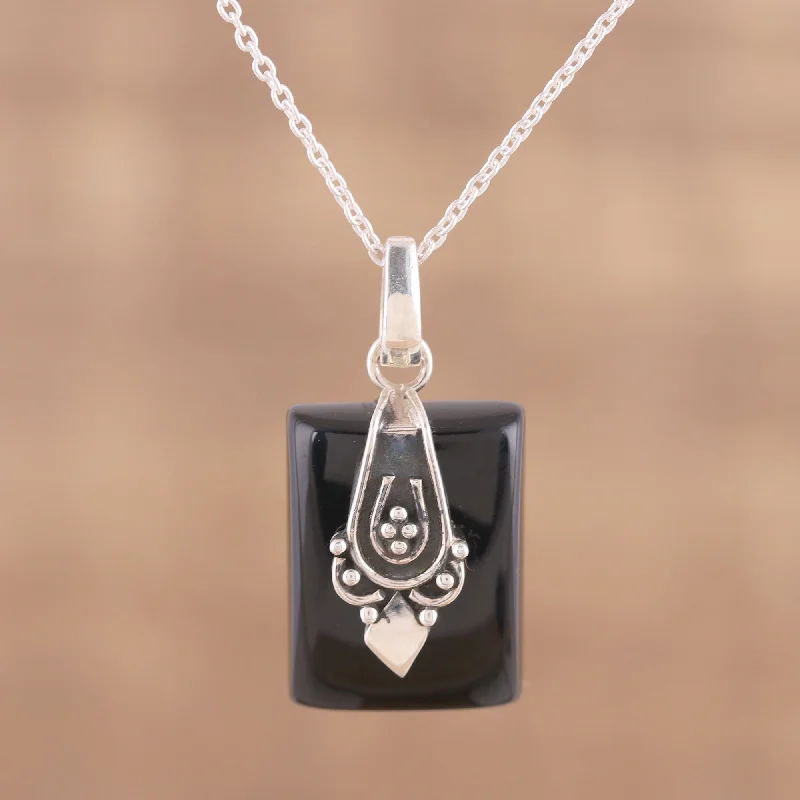 Best necklaces and pendants with adjustable chains for a customizable fit-Midnight Greeting Black Onyx and Sterling Silver Pendant Necklace from India