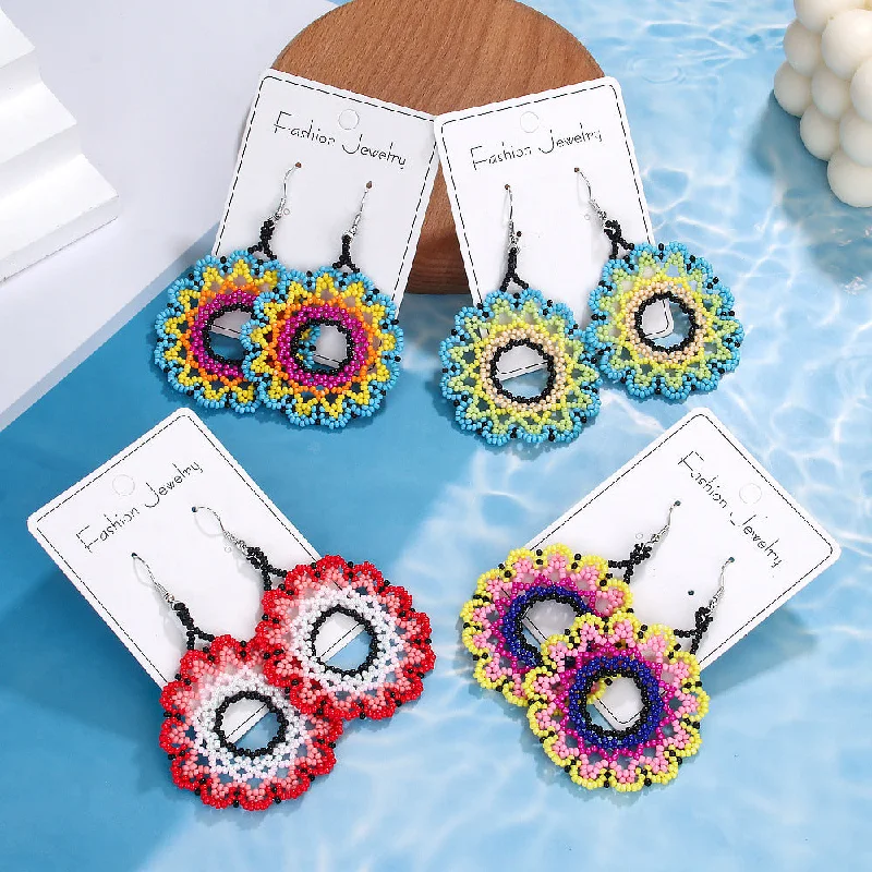 Drop Earrings for Work Attire -Wholesale Bohemian Exaggerated Flowers Hand-woven Round Earrings