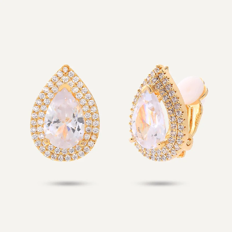 Crystal Drop Earrings for Sparkle -Geometric Cubic Zirconia Clip On Earrings In Gold-Tone