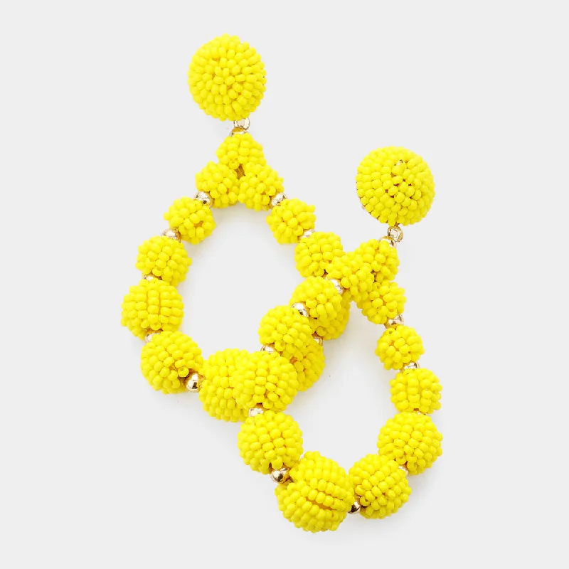 Drop Earrings with Keyhole Designs -Yellow Seed Beaded Ball Open Teardrop Earrings