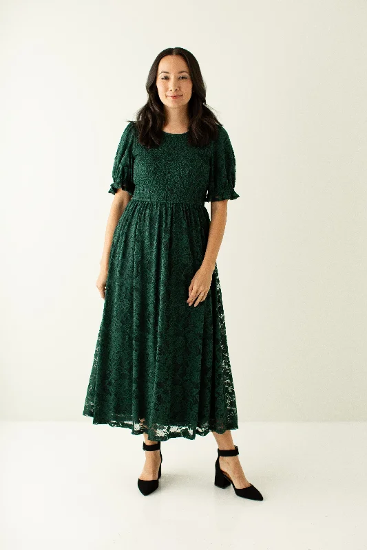 Plus size dresses with timeless charm stay chic -Plus size dresses with lace-up details for a trendy vibe -'Vivian' Smocked Bodice Lace Midi Dress in Forest Green FINAL SALE