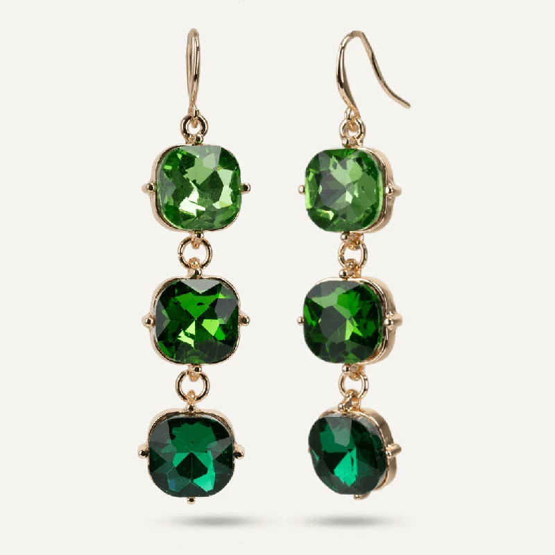 Triangular Drop Earrings for Edge -Geometric Green Crystal Hook Earrings In Gold-Tone