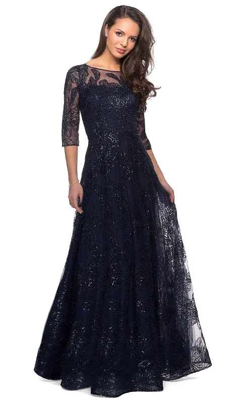 Plus size dresses featuring boho vibes are chic -Plus size dresses with ruffled sleeves for a playful touch -La Femme - 27942 Quarter Sleeve Sequined Lace A-Line Dress