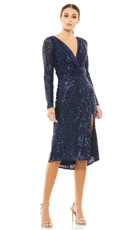 Plus size dresses with sleek finishes stay polished -Casual plus size dresses for running errands -Ieena Duggal - 26555I Knee Length Long Sleeve Sequin Dress