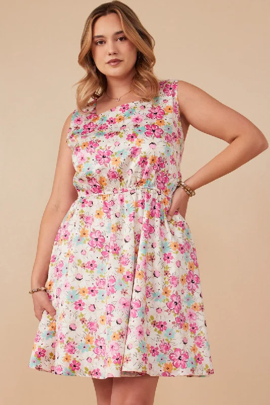 Plus size dresses featuring glitter accents sparkle bold -Plus size dresses with floral applique for a feminine look -Floral Print Fit And Flare Satin Dress