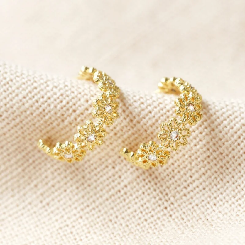 Drop Earrings for Party Look -Crystal Daisy Hoop Earrings in Gold | Designed in the UK | 14K Gold Plated Brass