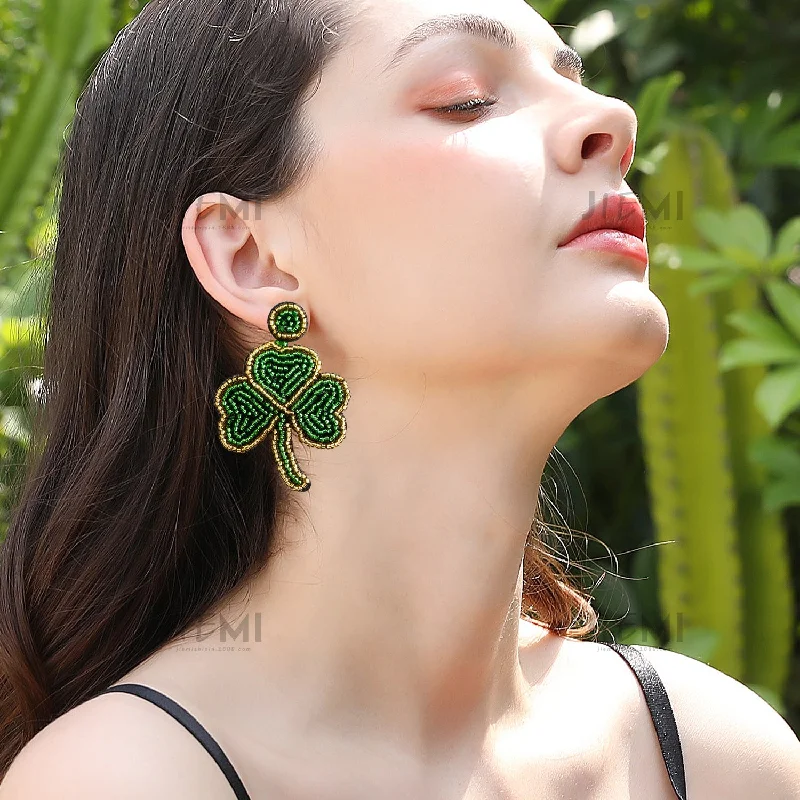 Indian Drop Earrings with Intricacy -Wholesale St. Patrick's Day Green Shamrock Rice Beads Earrings