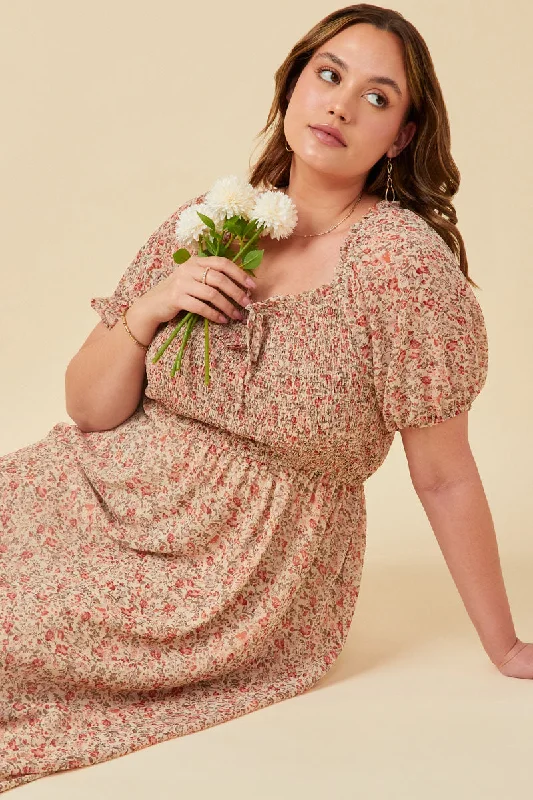 Plus size dresses with high waists define curves -Plus size dresses with A-line cut for comfort -Ditsy Floral Puff Sleeve Smocked Square Neck Dress