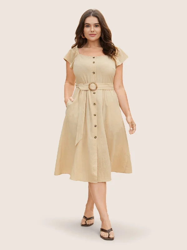 Plus size dresses for fuller busts fit perfectly -Plus size dresses for formal occasions -Cotton Solid Buckle Detail Ruffle Cap Sleeve Dress