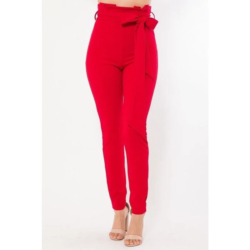 Bootcut Jeans for Flattering -Women's Red Color High Waist Fashion Skinny Pants with Fold Detail on Waist