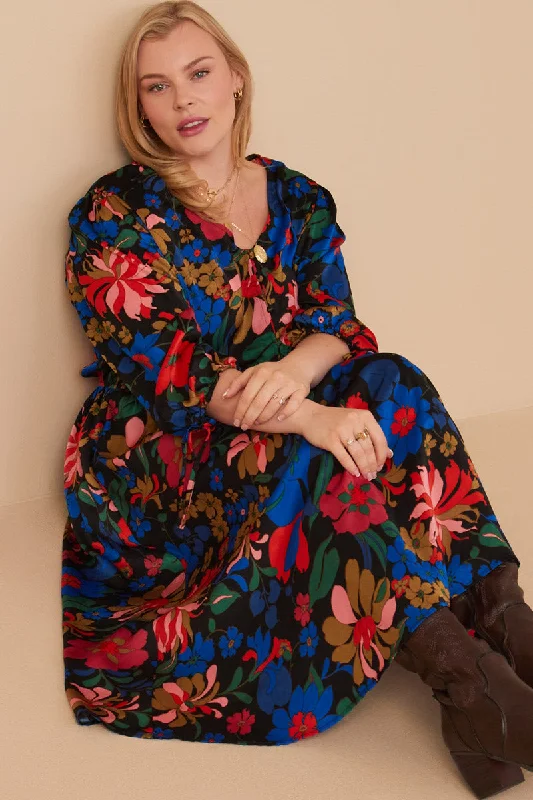 Plus size dresses with classic vibes never age -Plus size dresses with printed designs for casual wear -Retro Floral Tie Sleeve Button Detail Dress