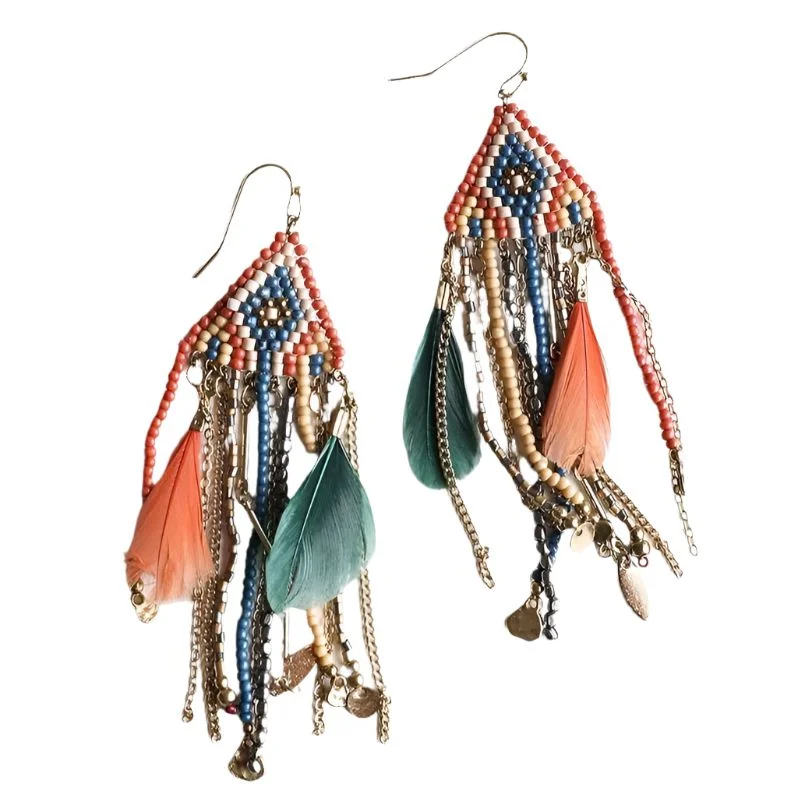 Gemstone Drop Earrings for Color -Colorful Mixed Bead Feather Dangle Earrings 🪶 Boho Earrings Fashion Jewelry