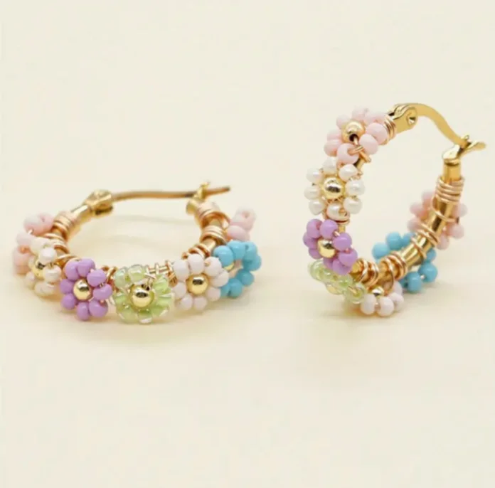 Drop Earrings with Symbolic Elements -Karly Flower Beaded Hoop Earrings | 3 Colors