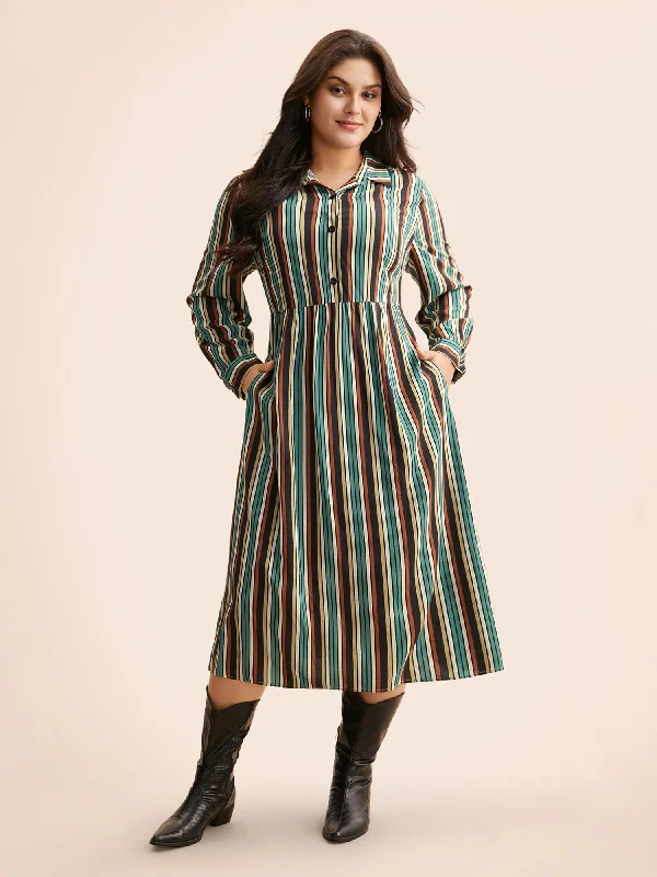 Plus size dresses for trendy vibes stay current -Plus size dresses for plus size teenagers -Shirt Collar Contrast Striped Midi Dress