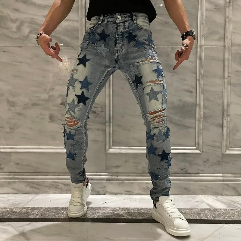 Carpenter Jeans for Function -High Street Fashion Men's Holes Star Patchwork Slim Skinny Jeans Pants