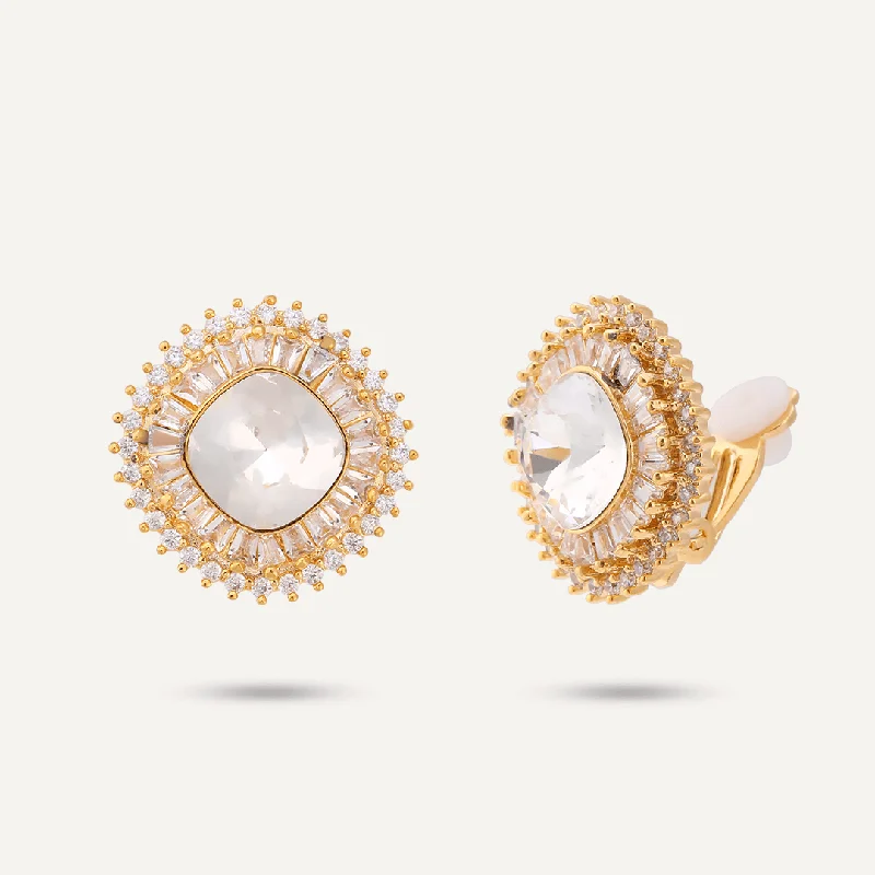 Drop Earrings with Keyhole Designs -Circular Crystal & Cubic Zirconia Clip On Earrings In Gold-Tone