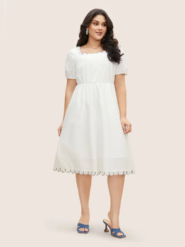 Plus size dresses with simple cuts stay timeless -Plus size dresses with sheer sleeves for a delicate touch -Cotton Lace collar Lantern Sleeve Midi Dress