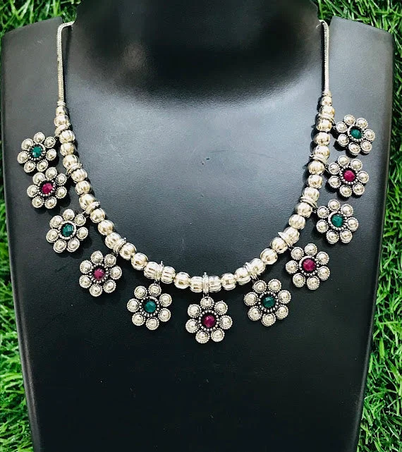 Beautiful necklaces and pendants with moon and star charms for a dreamy effect-Elegant Oxidized Necklace With Ruby and Green Color Stones