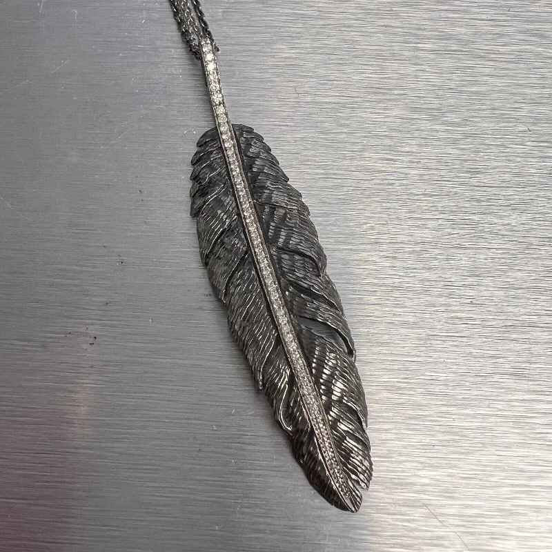 Necklaces and pendants with custom engravings for a personal, meaningful gift-Michael Aram Sterling Silver Diamond Pave Black Rhodium 68mm Feather Necklace