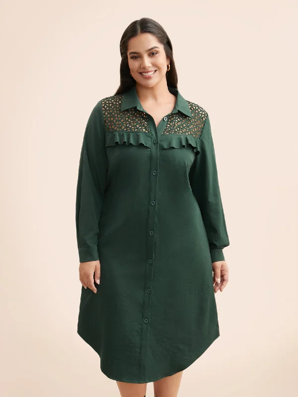 Plus size dresses featuring tiered skirts feel fun -Plus size dresses with flattering cuts -Solid Cut Out Ruffle Trim Arc Hem Dress