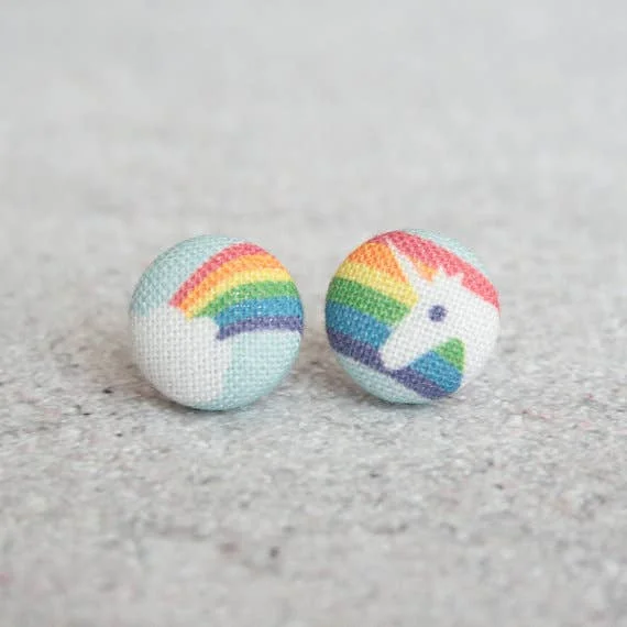 Nickel Free Drop Earrings for Safety -Rainbow Unicorn Fabric Button Earrings | Handmade in the US