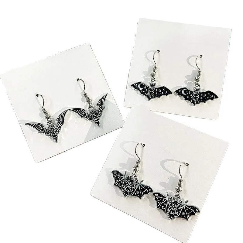 Drop Earrings with Etched Designs -Wholesale Halloween Bat Alloy Earrings