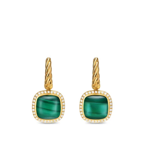 Push Back Drop Earrings for Convenience -Albion Drop Earrings in 18K Yellow Gold with Malachite and Diamonds, 10mm