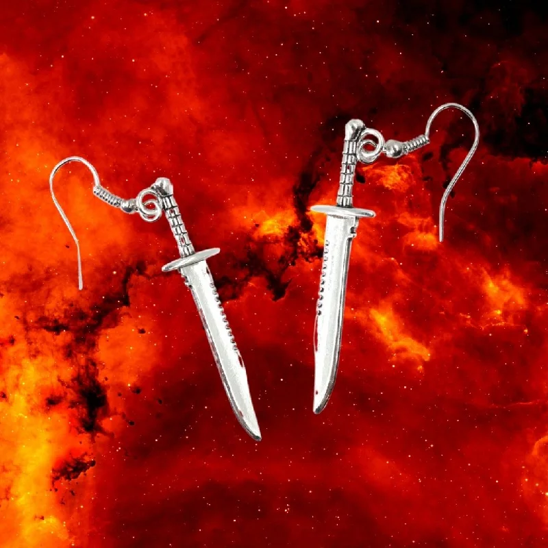 Drop Earrings with Debossed Designs -Dangerous Woman Stabby Dagger Earrings in Silver [In a Gift Box]