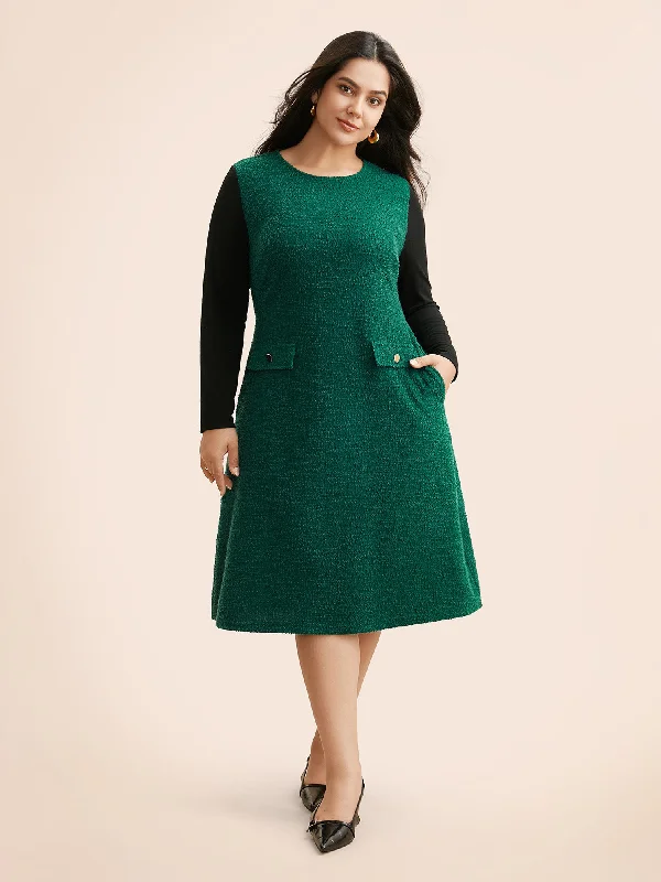 Plus size dresses with durable weaves endure wear -Plus size dresses with sheer sleeves for a delicate touch -Textured Patchwork Flap Detail Dress