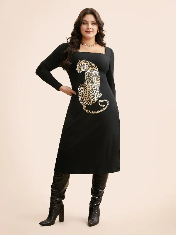 Plus size dresses with short sleeves suit spring -Formal plus size dresses for evening parties -Leopard Print Square Neck Tie Knot Dress