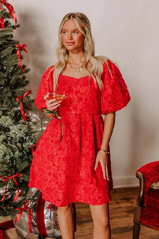 Plus size dresses with scalloped hems feel delicate -Plus size dresses with floral patterns -Holiday Happiness Jacquard Mini Dress in Red