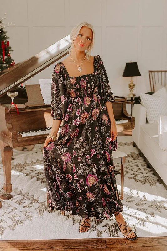 Plus size dresses with V-necks elongate figures -Plus size dresses for an hourglass figure -Autumn Encounters Satin Floral Maxi Dress