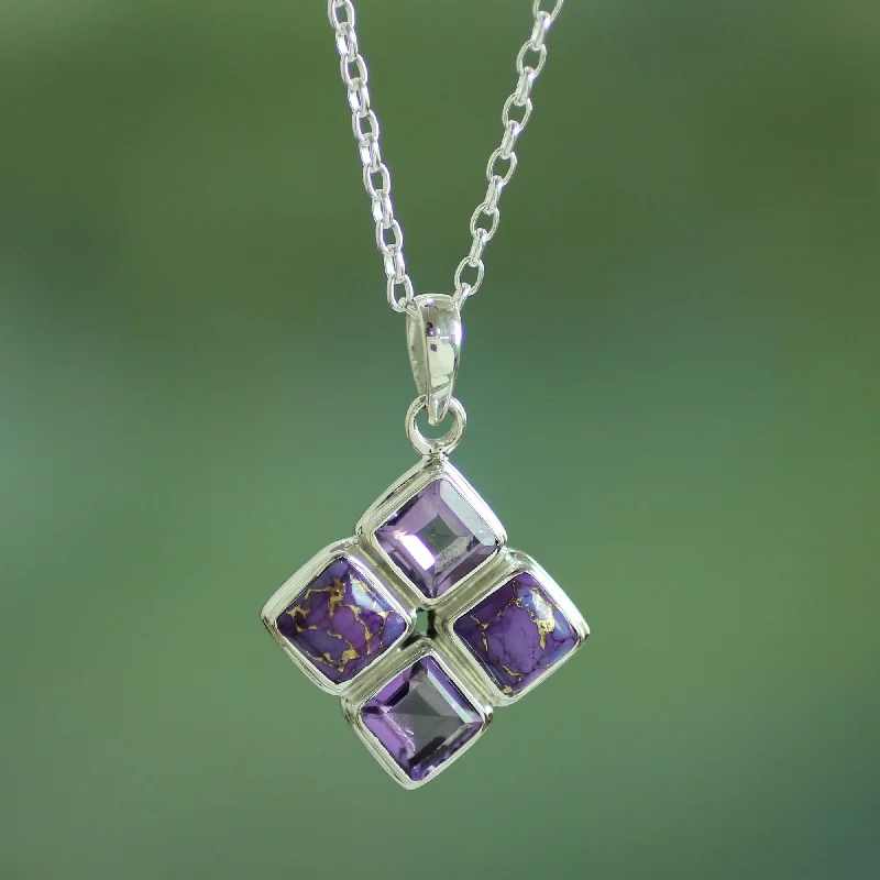 Trendy necklaces and pendants with statement pieces for a bold fashion statement-Quartered Harmony in Lilac Handmade Amethyst and Composite Turquoise Necklace