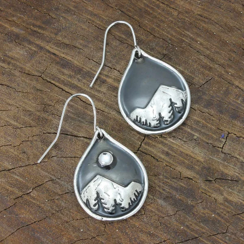 Drop Earrings for School Uniform -Pinetop Panorama Enamel Mountains Earrings | Teardrop Mismatched Nature Themed Fashion Jewelry