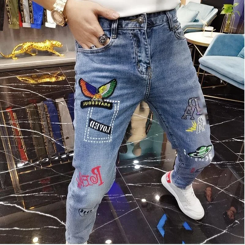 Acid Wash Jeans for Vintage -Spring Men's Eagle Embroidery Slim Fit Blue Skinny Denim Jeans for Party