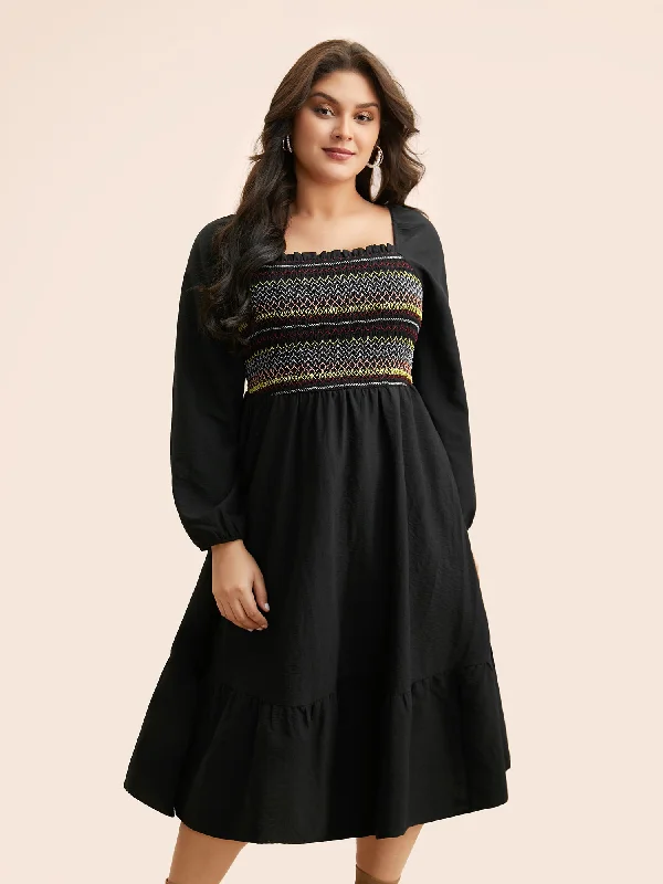 Plus size dresses with unique necklines add flair -Plus size dresses for a chic and comfortable wedding guest outfit -Colored Striped Shirred Frill Trim Dress