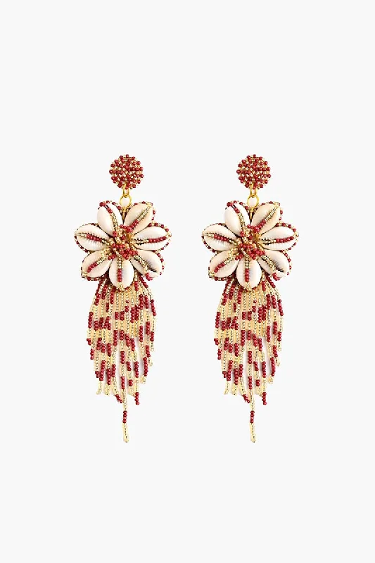 Magnetic Closure Drop Earrings for Easy -Floral Seashell Beaded Tassel Earrings