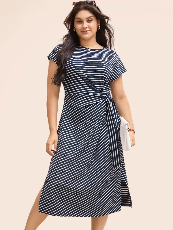 Plus size dresses for travel pack light always -Plus size dresses for an easy-going weekend look -Striped Split Side Cap Sleeve Midi Dress