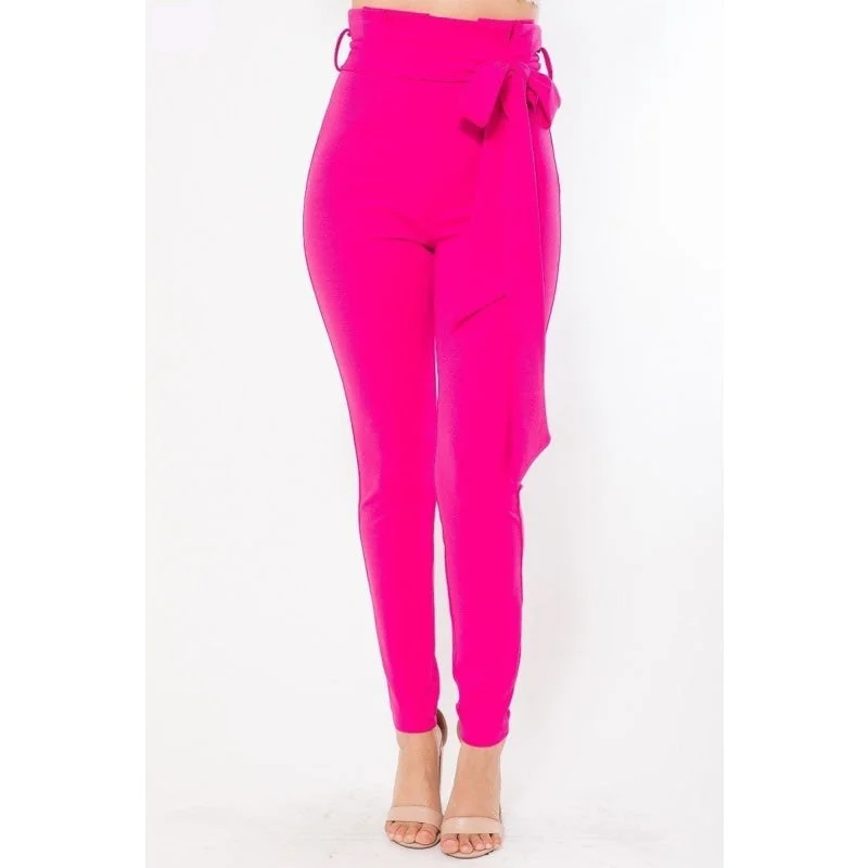 Skinny Jeans for Slim Fit -Women's Fuchsia Color High Waist Fashion Skinny Pants with Fold Detail on Waist