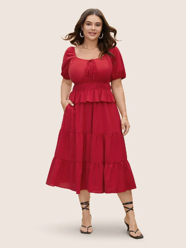 Plus size dresses for parties shine with confidence -Plus size dresses for spring with light fabrics -Heart Neckline Bowknot Ruffle Trim Midi Dress