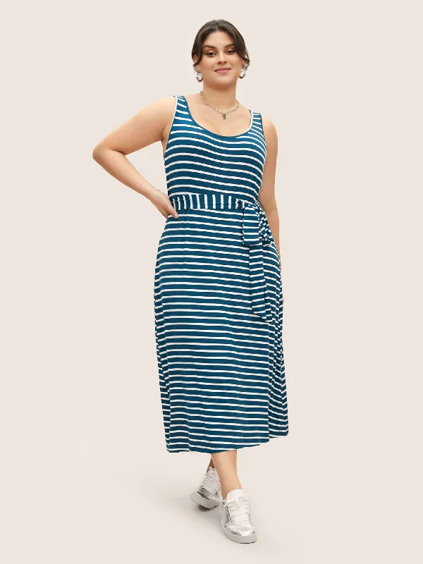 Plus size dresses with midi lengths balance well -Plus size dresses with satin for a sophisticated look -U Neck Striped Belted Tank Dress