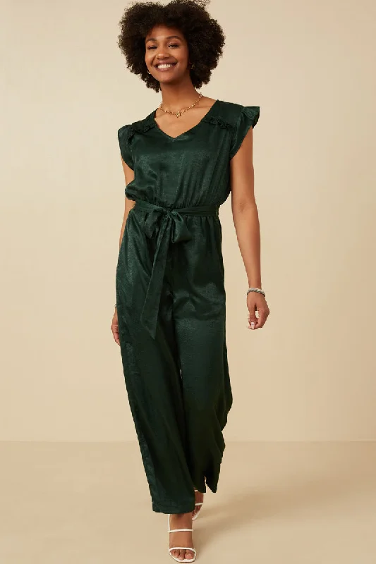 Plus size dresses with sleek silhouettes look sharp -Affordable plus size dresses for casual outings -Ruffled Crushed Satin Wide Leg Jumpsuit