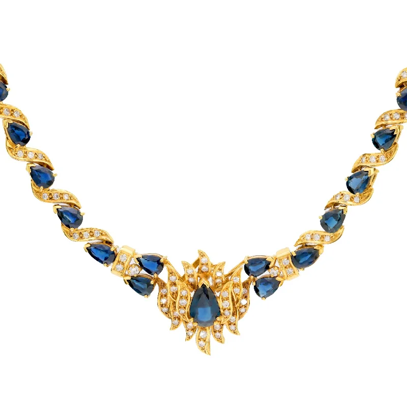 Necklaces and pendants with leaf-shaped designs for an earthy, organic feel-Vintage 13.30 total weight sapphire diamond 14k yellow gold cocktail necklace